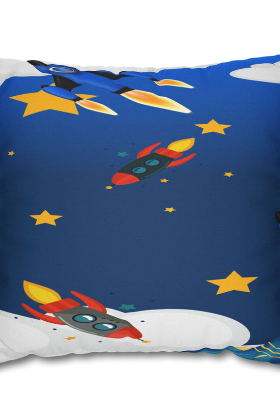 Kids Space Rocket Throw Pillowcase – Blue Stars Galaxy Decorative Pillow Cover by Grace Canvas Shop