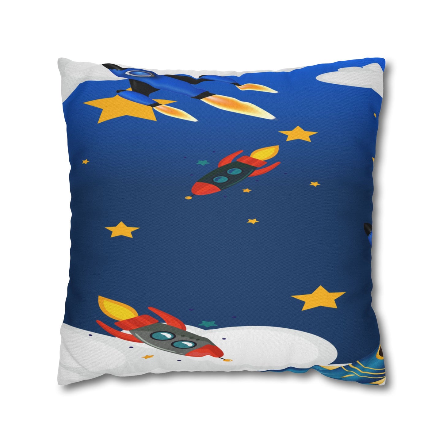 Kids Space Rocket Throw Pillowcase – Blue Stars Galaxy Decorative Pillow Cover by Grace Canvas Shop