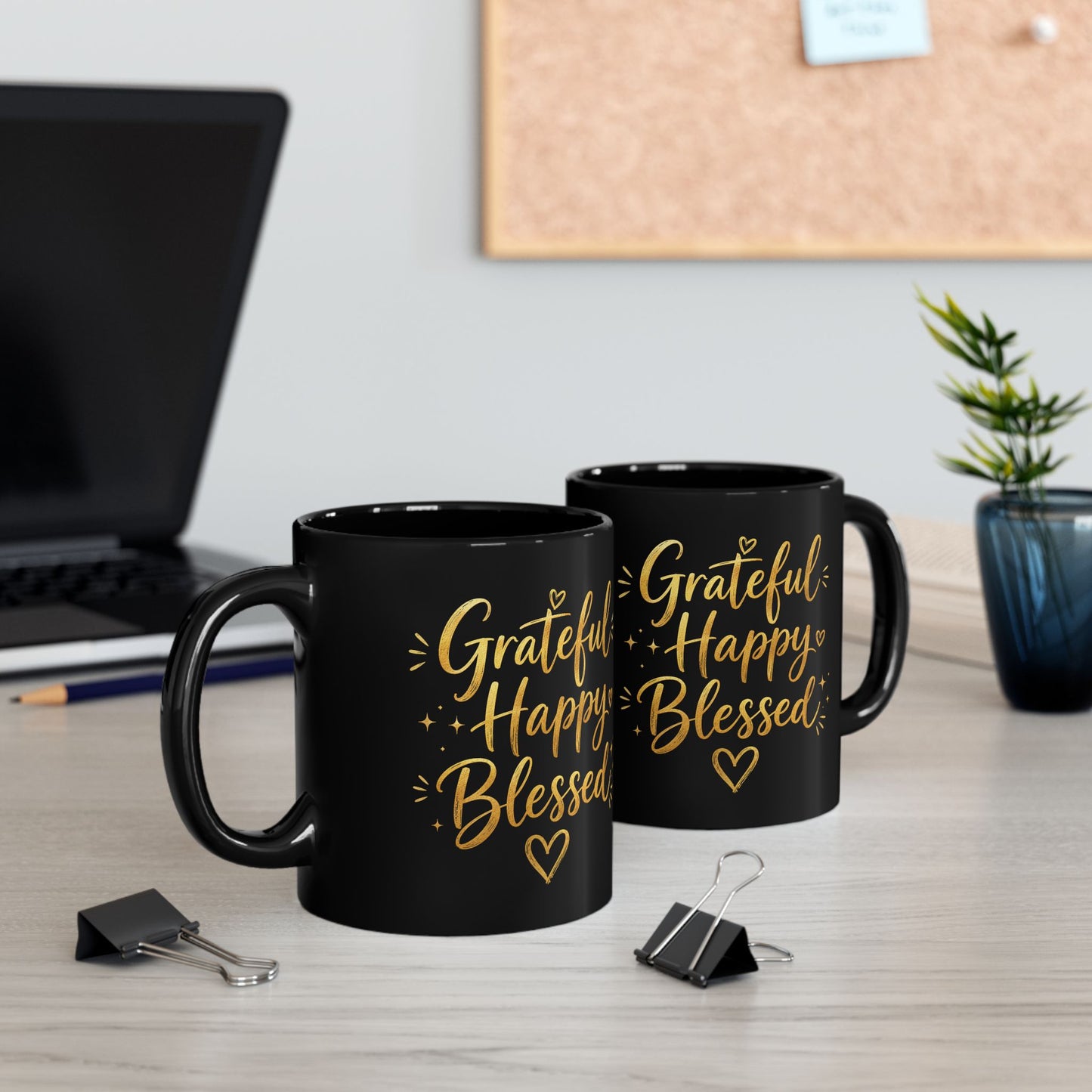 Grateful Happy Blessed Black Mug — 11oz/15oz Inspirational Coffee Cup