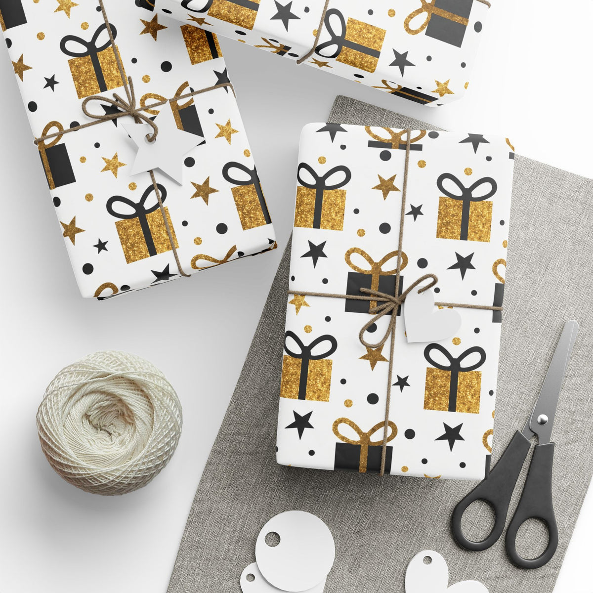 Gift Wrap Paper - Gold & Black Presents Pattern, Celebration Wrapping Paper