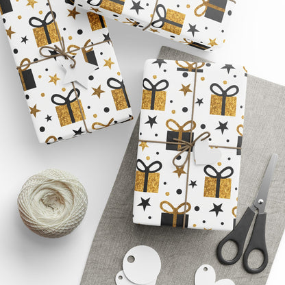 Gift Wrap Paper - Gold & Black Presents Pattern, Celebration Wrapping Paper