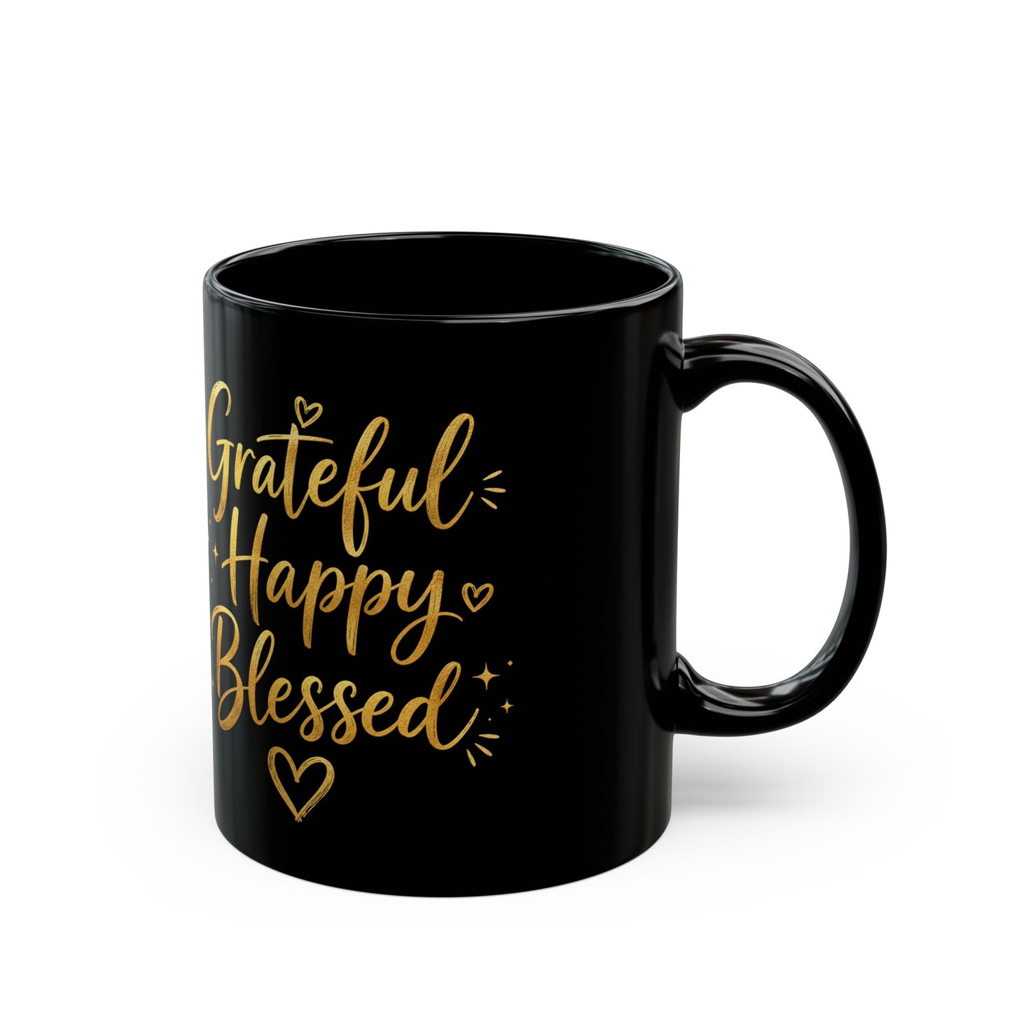 Grateful Happy Blessed Black Mug — 11oz/15oz Inspirational Coffee Cup