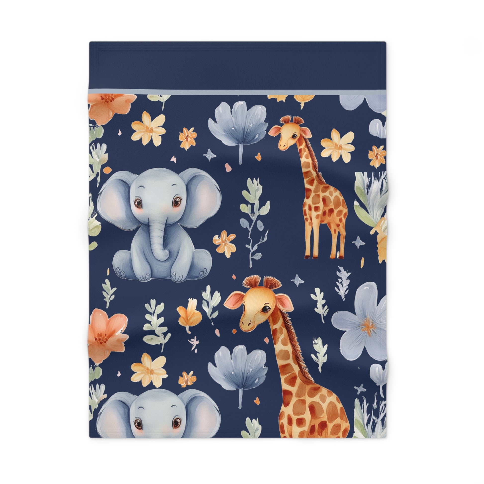 Watercolor Safari Navy Elephant & Giraffe Baby Blanket Aniimal Flece Blanket by Grace Canvas Shop