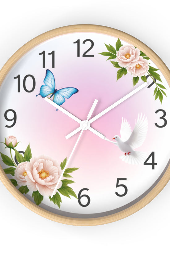 Wall Clock — Pastel Floral Clock with Dove & Blue Butterfly by Grace Canvas Shop