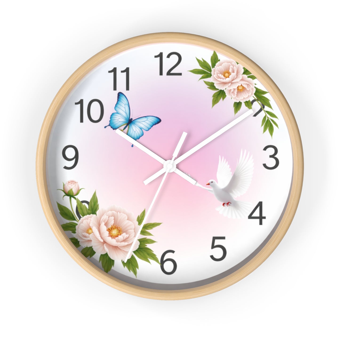 Wall Clock — Pastel Floral Clock with Dove & Blue Butterfly