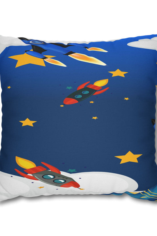 Kids Space Rocket Throw Pillowcase – Blue Stars Galaxy Decorative Pillow Cover by Grace Canvas Shop