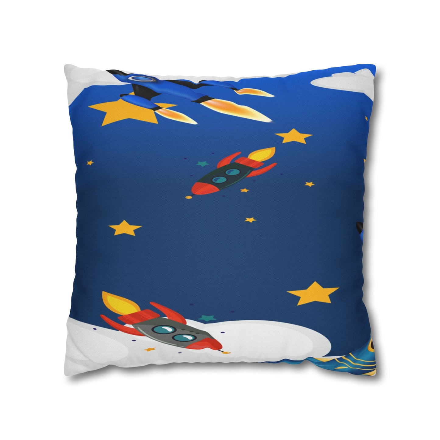 Kids Space Rocket Throw Pillowcase – Blue Stars Galaxy Decorative Pillow Cover by Grace Canvas Shop