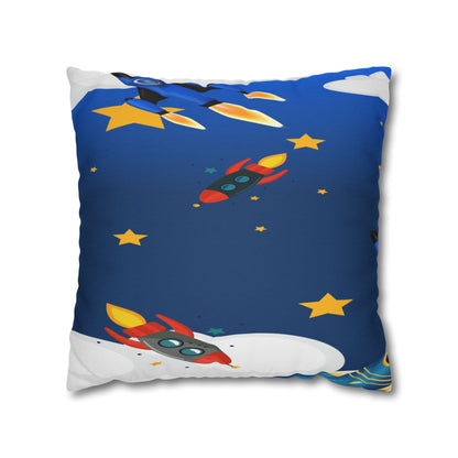 Kids Space Rocket Throw Pillowcase – Blue Stars Galaxy Decorative Pillow Cover by Grace Canvas Shop