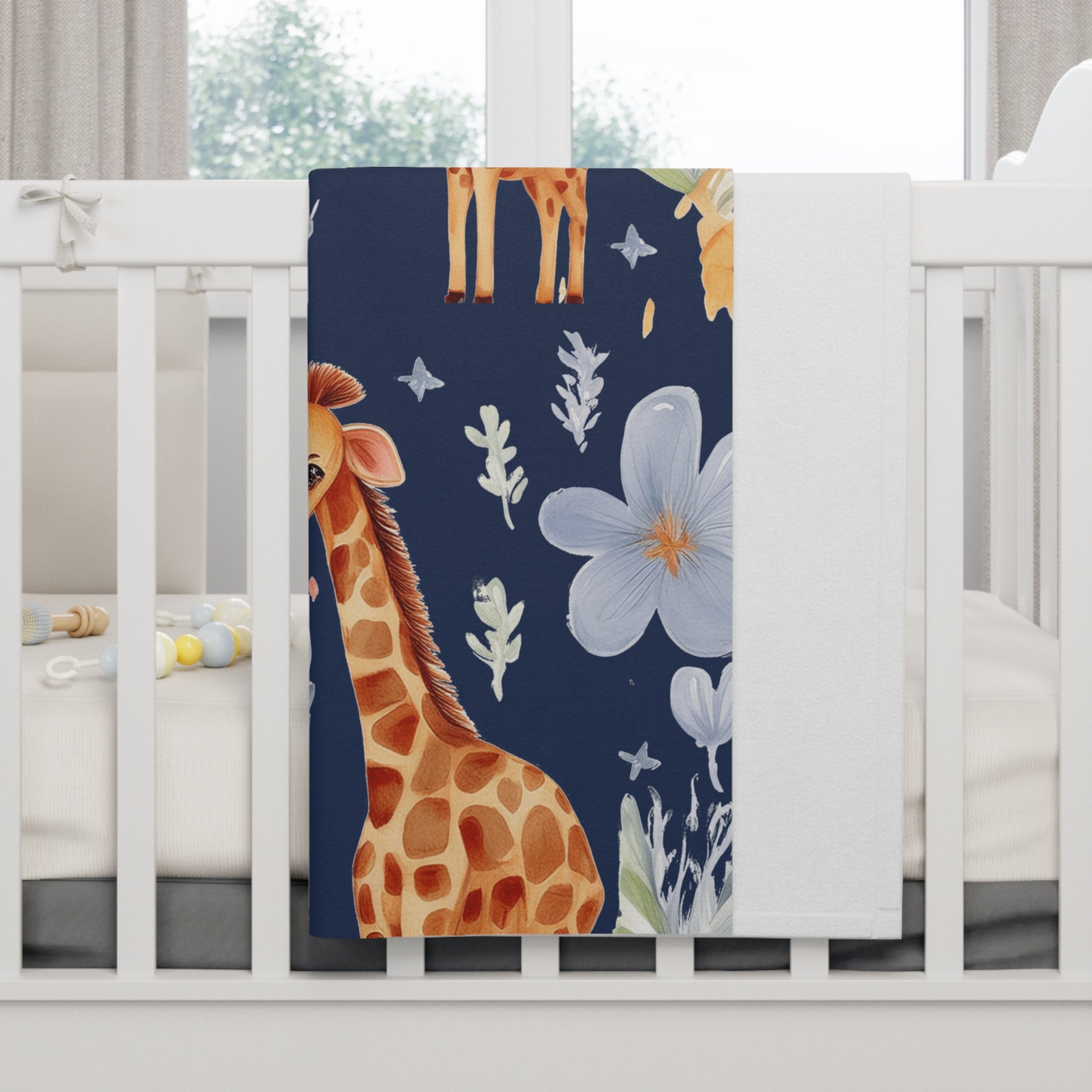 Watercolor Safari Navy Elephant & Giraffe Baby Blanket Aniimal Flece Blanket by Grace Canvas Shop