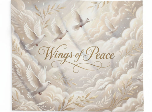 Decorative blanket with white doves and gold text on a champagne-colored  floral background