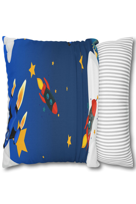 Kids Space Rocket Throw Pillowcase – Blue Stars Galaxy Decorative Pillow Cover by Grace Canvas Shop