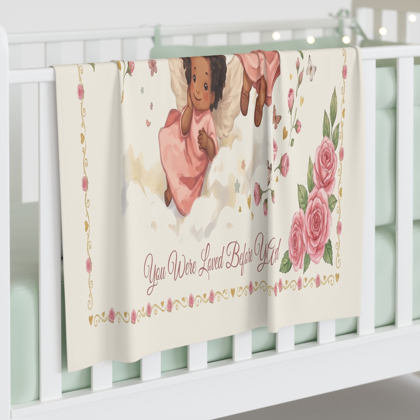 Baby Swaddle Blanket — Sweet Angel African American Baby Girl Swaddle with "You Were Loved Before You Arrived" Floral Design