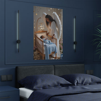 Guardian Angel Nursery Satin Poster — Angel Watching Over Baby (300gsm)