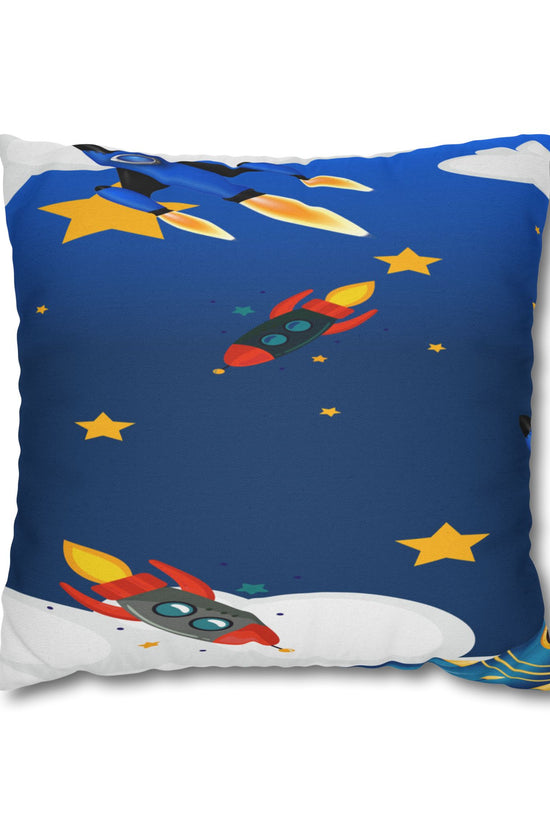 Kids Space Rocket Throw Pillowcase – Blue Stars Galaxy Decorative Pillow Cover by Grace Canvas Shop