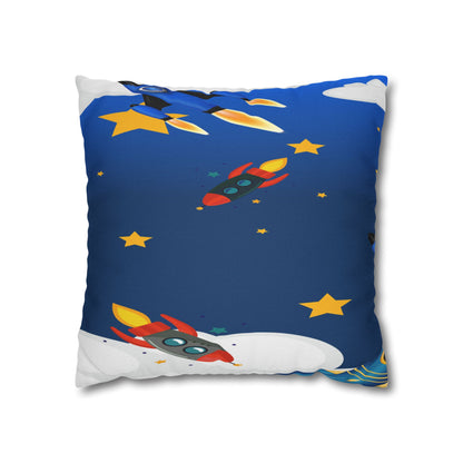 Kids Space Rocket Throw Pillowcase – Blue Stars Galaxy Decorative Pillow Cover by Grace Canvas Shop