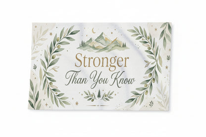 Decorative blanket with motivational quote and nature-themed design on a white background