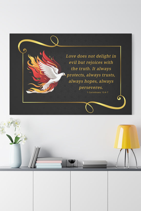 Dove Canvas Wall Art 1 Corinthians 13:7 Matte Stretched Bible Verse Print by Grace Canvas Shop