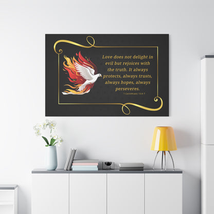 Dove Canvas Wall Art 1 Corinthians 13:7 Matte Stretched Bible Verse Print by Grace Canvas Shop