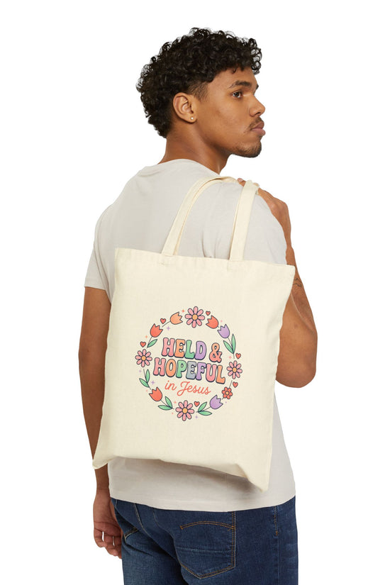 Held & Hopeful in Jesus Tote | Pastel Groovy Christian Encouragement
