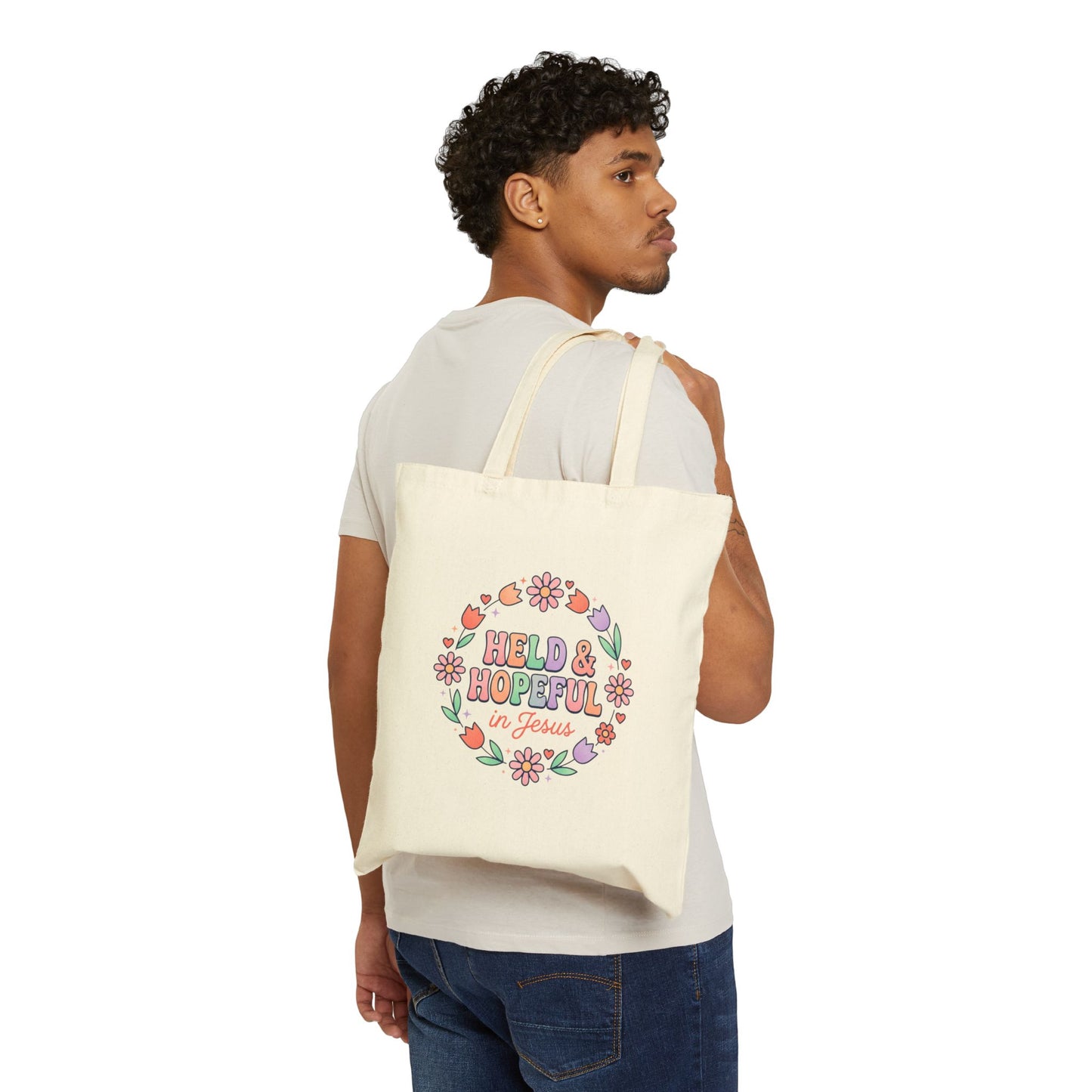 Held & Hopeful in Jesus Tote | Pastel Groovy Christian Encouragement