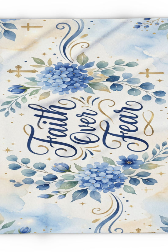 Faith Over Fear Fleece Blanket – Blue Floral Inspirational Throw