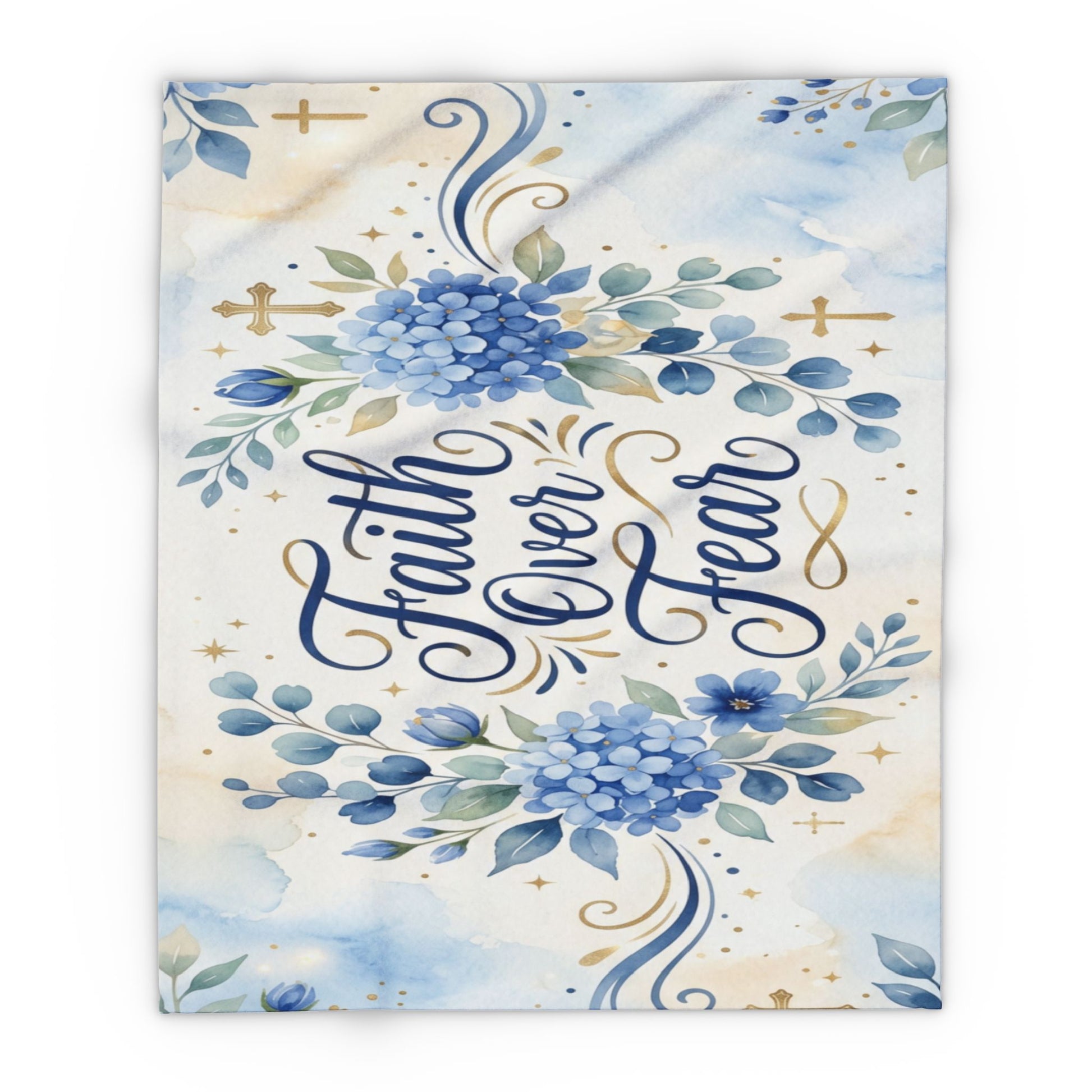 Faith Over Fear Fleece Blanket – Blue Floral Inspirational Throw