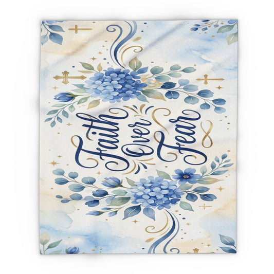 Faith Over Fear Fleece Blanket – Blue Floral Inspirational Throw