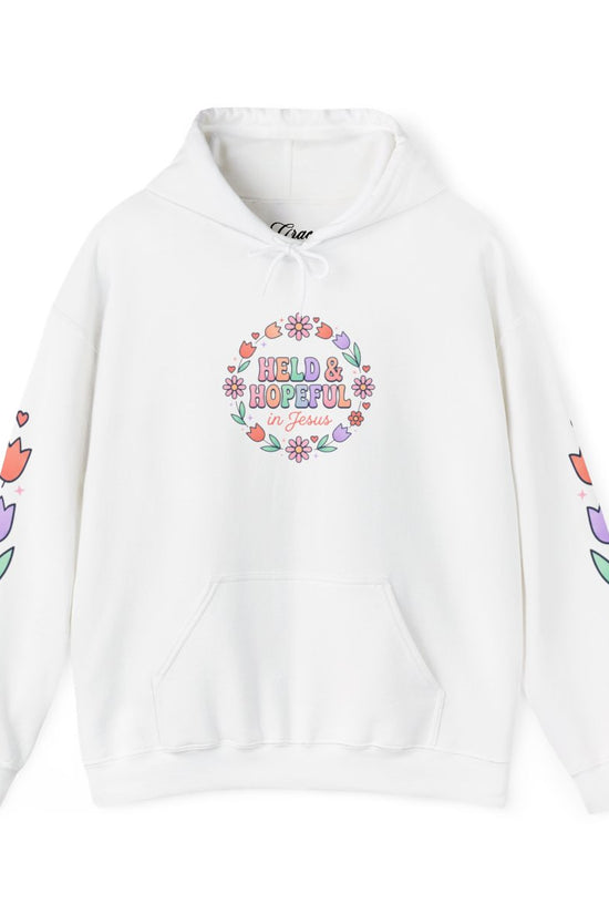 Held & Hopeful Hoodie | Christian encouragement, pastel groovy scripture