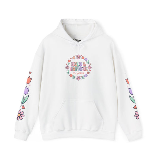 Held & Hopeful Hoodie | Christian encouragement, pastel groovy scripture