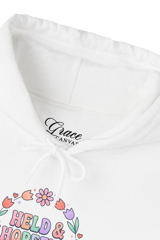 Held & Hopeful Hoodie | Christian encouragement, pastel groovy scripture