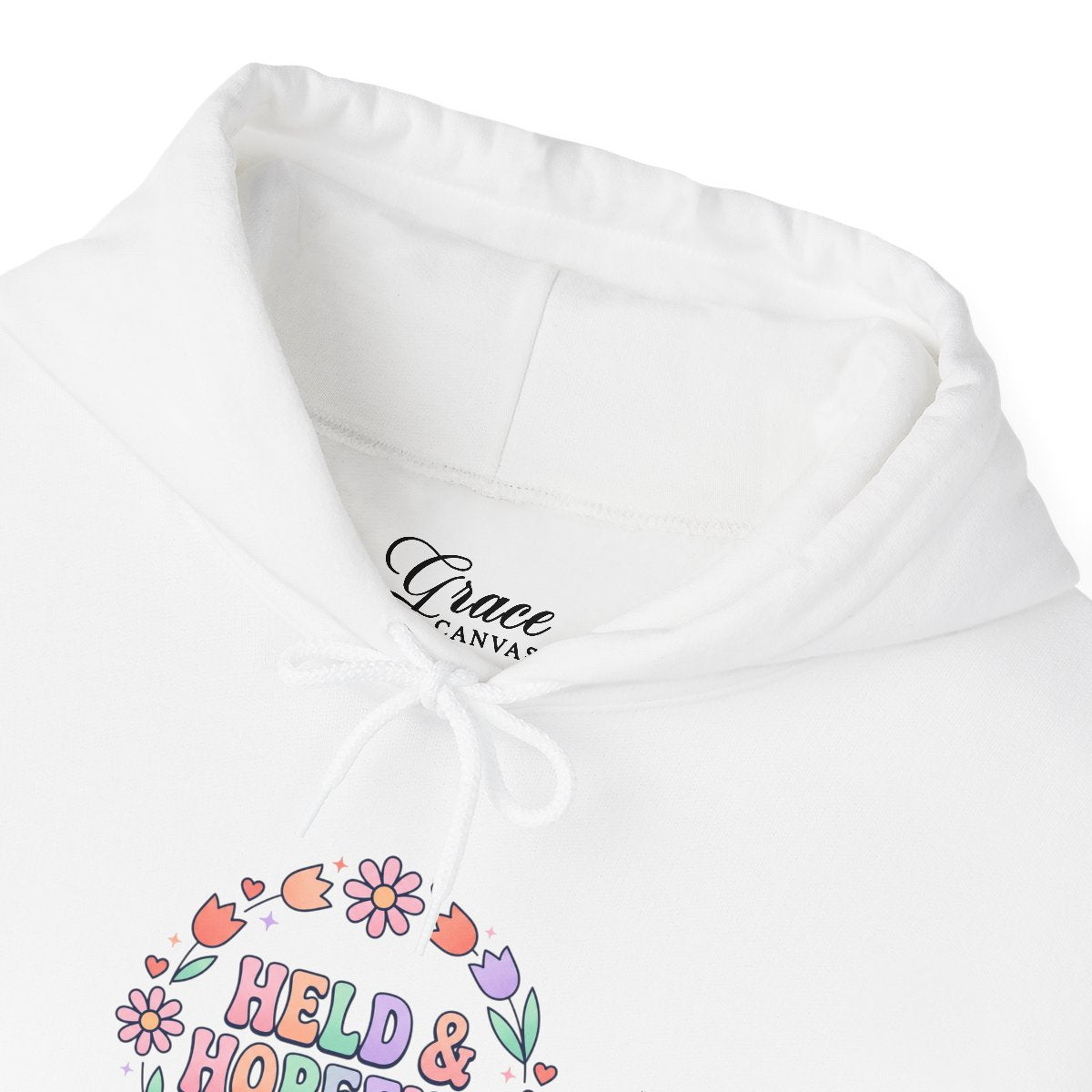Held & Hopeful Hoodie | Christian encouragement, pastel groovy scripture