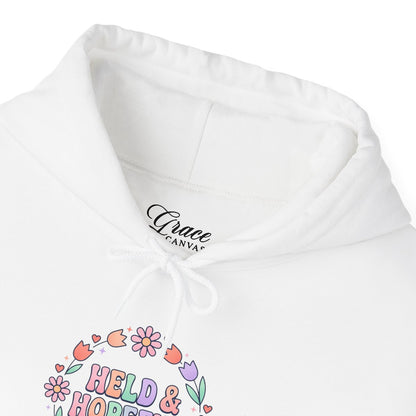 Held & Hopeful Hoodie | Christian encouragement, pastel groovy scripture