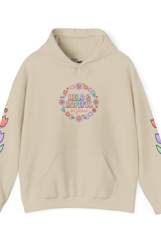 Held & Hopeful Hoodie | Christian encouragement, pastel groovy scripture