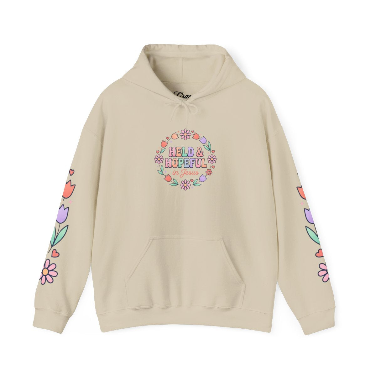 Held & Hopeful Hoodie | Christian encouragement, pastel groovy scripture