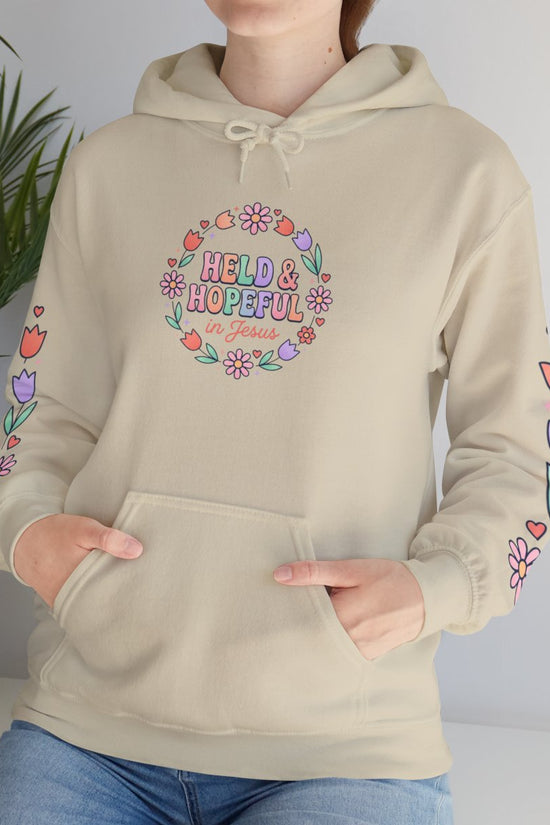 Held & Hopeful Hoodie | Christian encouragement, pastel groovy scripture