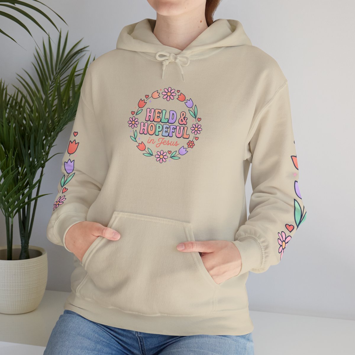 Held & Hopeful Hoodie | Christian encouragement, pastel groovy scripture