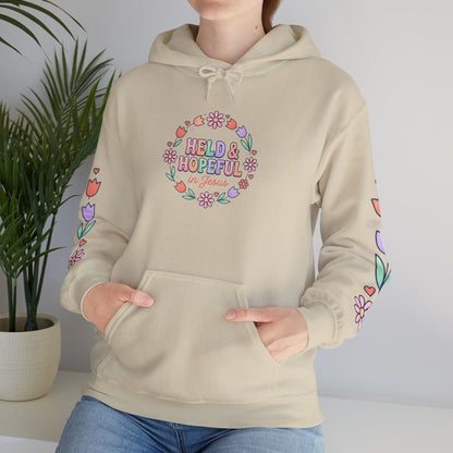 Held & Hopeful Hoodie | Christian encouragement, pastel groovy scripture
