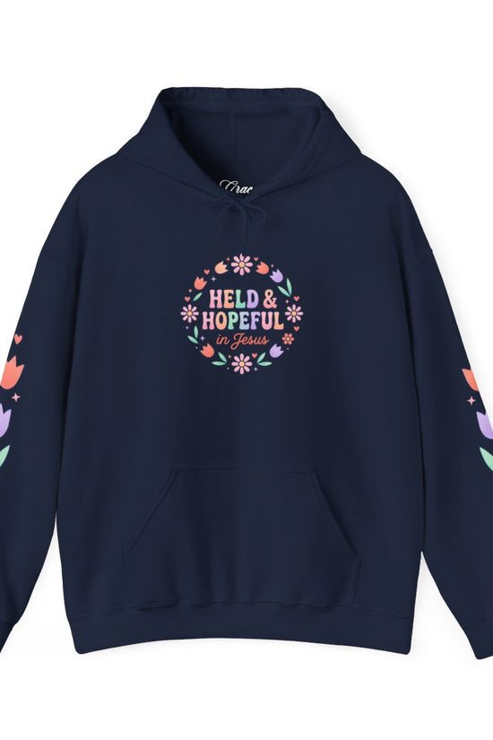 Held & Hopeful Hoodie | Christian encouragement, pastel groovy scripture