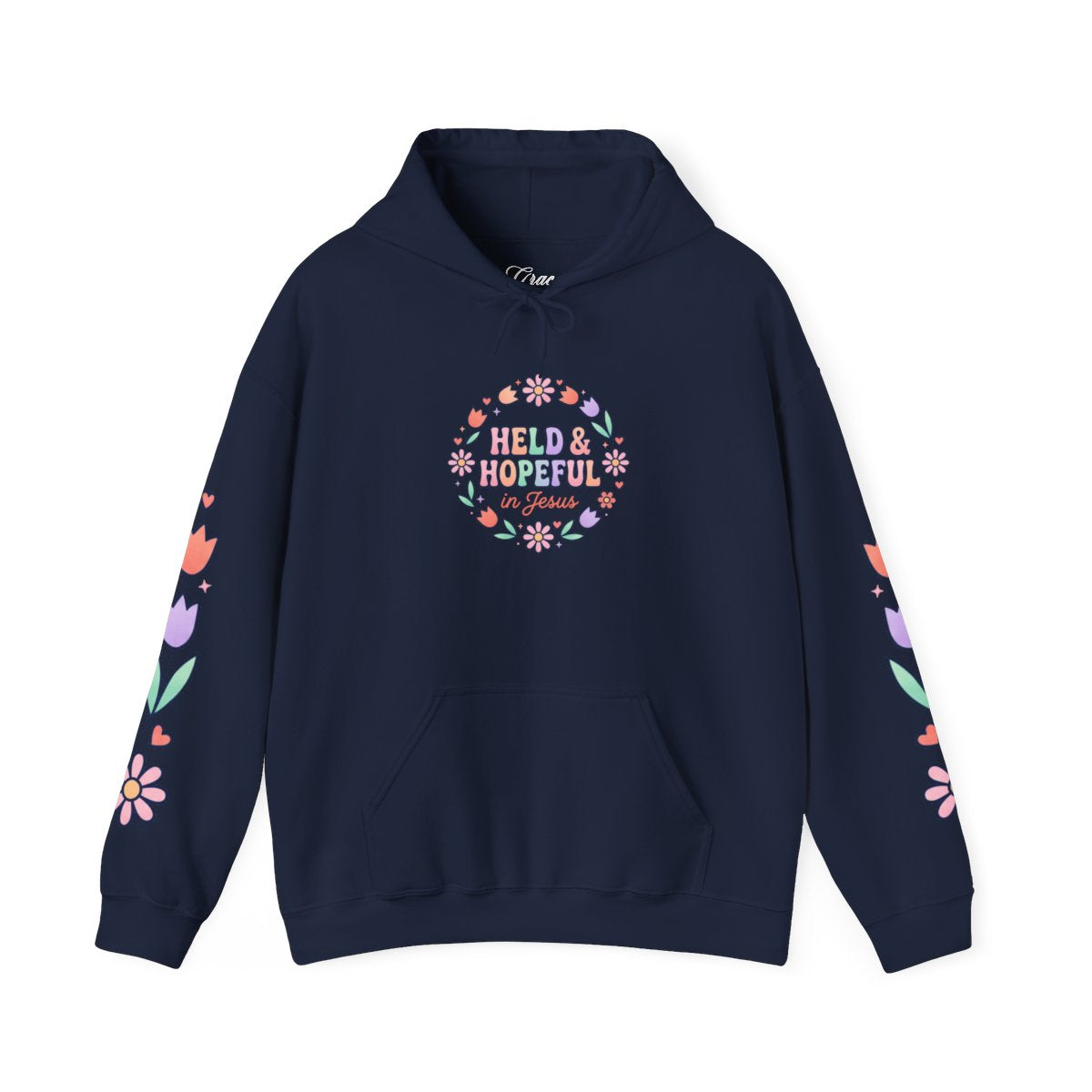 Held & Hopeful Hoodie | Christian encouragement, pastel groovy scripture