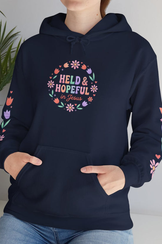 Held & Hopeful Hoodie | Christian encouragement, pastel groovy scripture