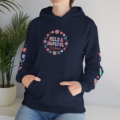 Held & Hopeful Hoodie | Christian encouragement, pastel groovy scripture