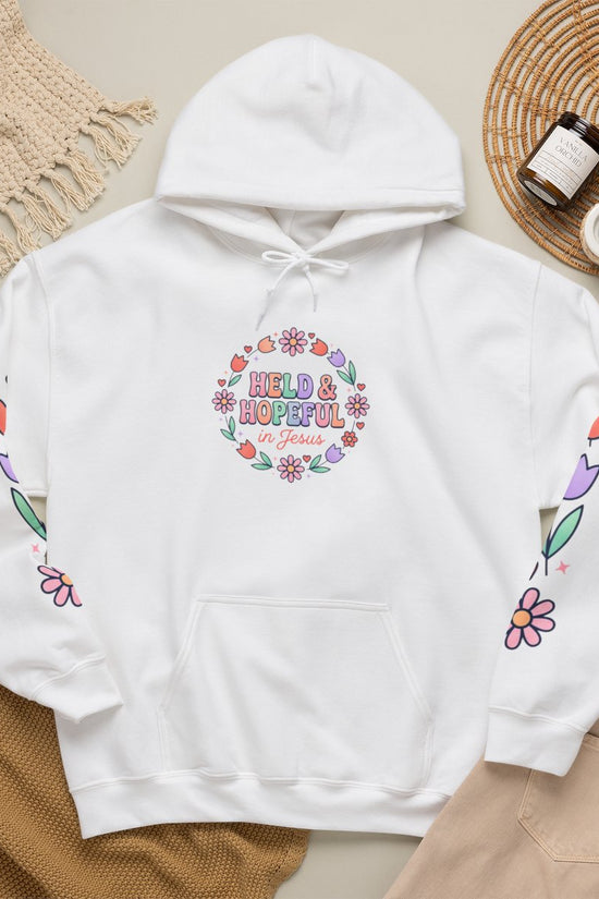 Held & Hopeful Hoodie | Christian encouragement, pastel groovy scripture
