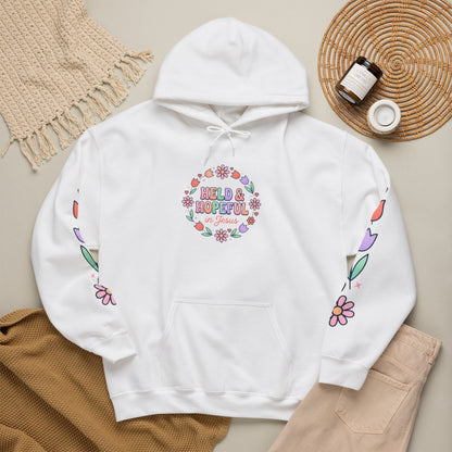 Held & Hopeful Hoodie | Christian encouragement, pastel groovy scripture