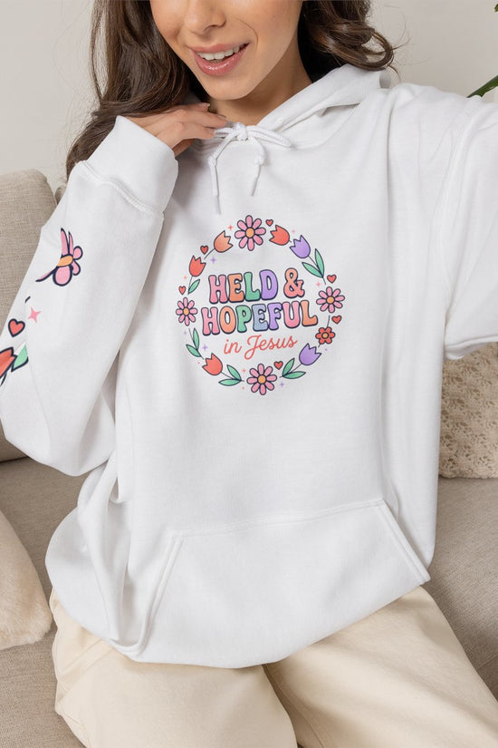Held & Hopeful Hoodie | Christian encouragement, pastel groovy scripture