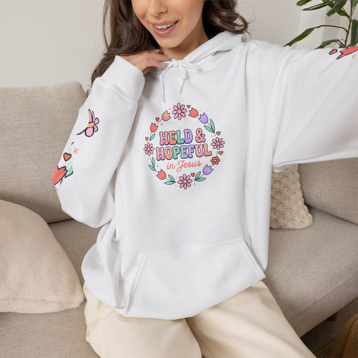 Held & Hopeful Hoodie | Christian encouragement, pastel groovy scripture