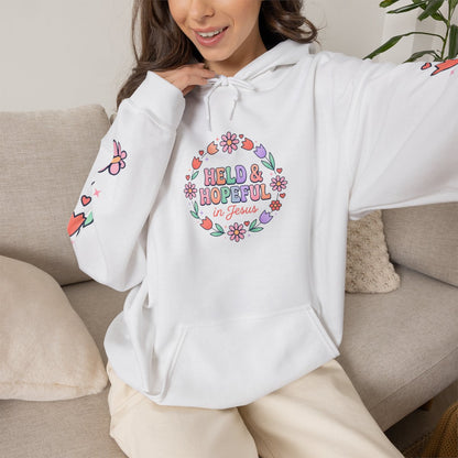 Held & Hopeful Hoodie | Christian encouragement, pastel groovy scripture