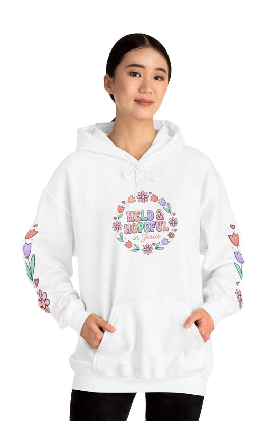 Held & Hopeful Hoodie | Christian encouragement, pastel groovy scripture