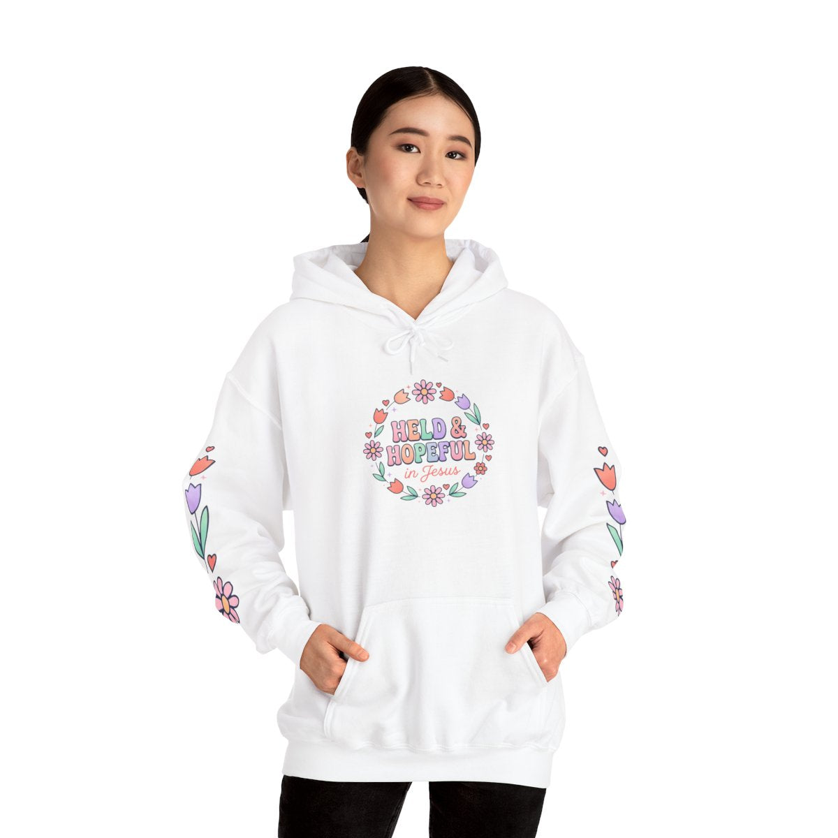 Held & Hopeful Hoodie | Christian encouragement, pastel groovy scripture