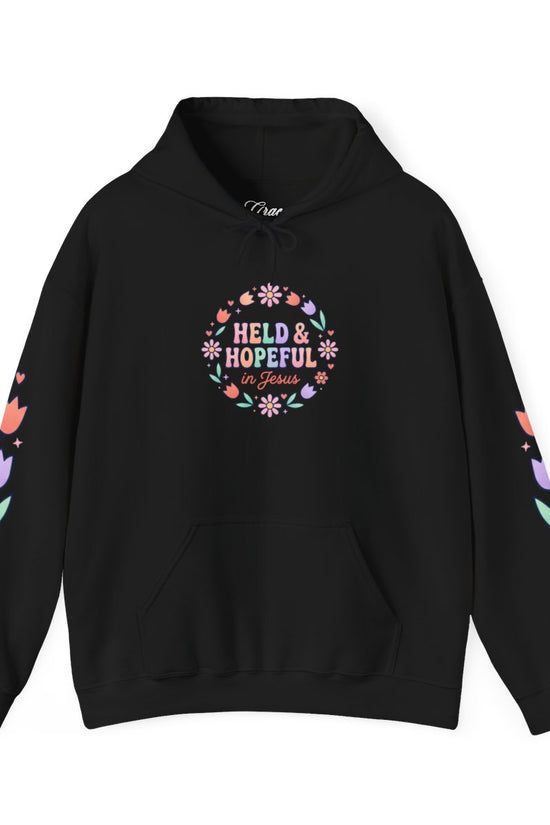 Held & Hopeful Hoodie | Christian encouragement, pastel groovy scripture