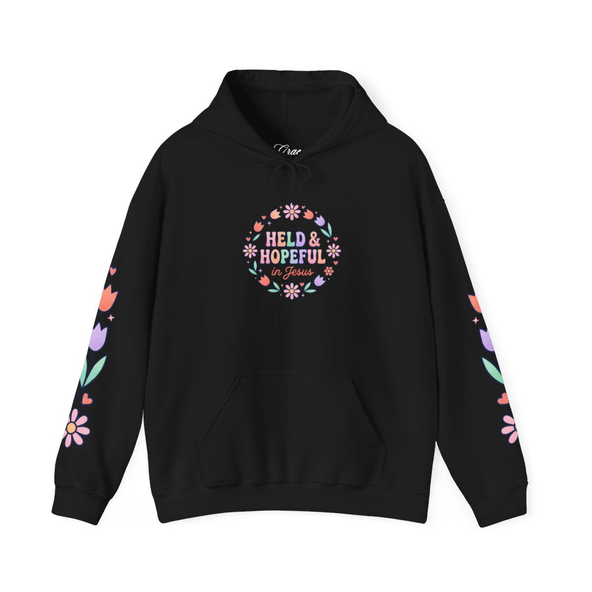 Held & Hopeful Hoodie | Christian encouragement, pastel groovy scripture